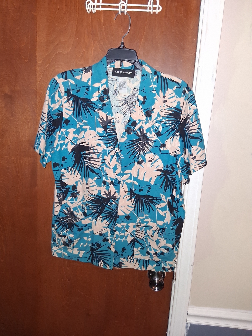 Sag Harbor Teal and Cream Tropical Print Button-Down Top
